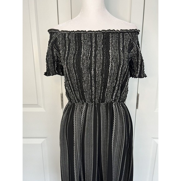 Xhilaration Women Black Wide Leg Jumpsuit M Stretch Ruched Off Shoulder - Picture 2 of 9